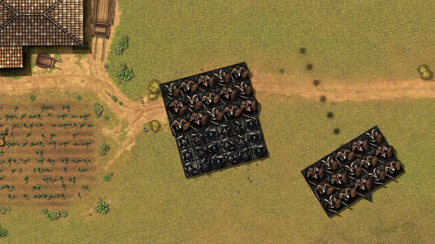 Two Goatmen regiments advance across a farmstead battlefield past a road and a farmhouse.