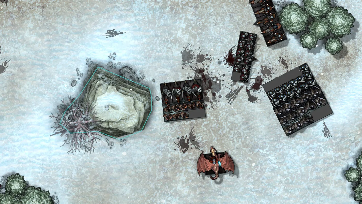 An Abyssal Legions army clashes with an Empire army on a snowy battlefield, with a dragon circling overhead.