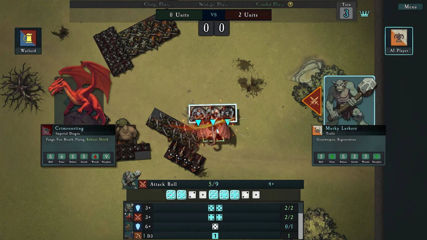 The Attack Roll panel in the game: dice for an Imperial Dragon's attacks against Trolls, with the hits highlighted and the damage saves listed below.