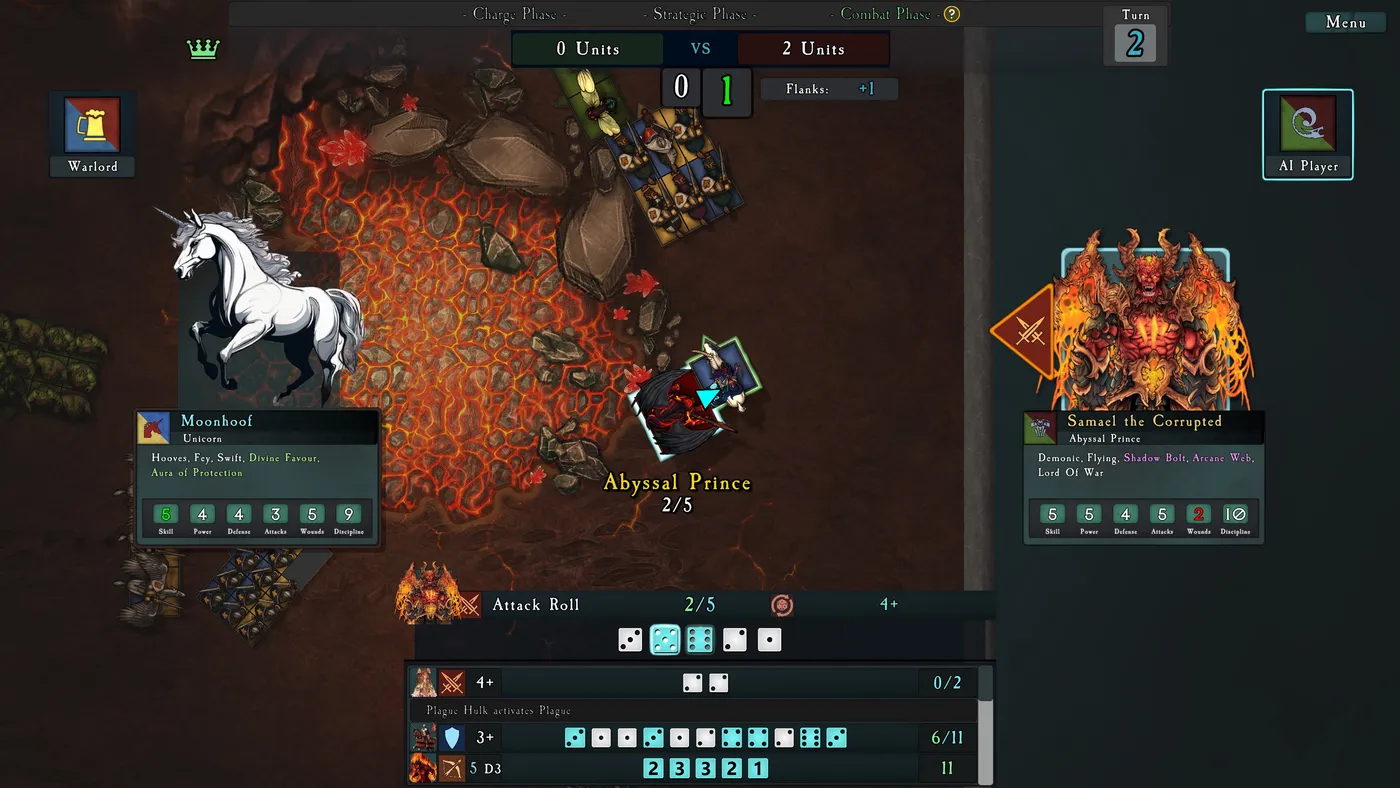 A unicorn fights an Abyssal Prince on a lava field, with the game's attack roll panel open.