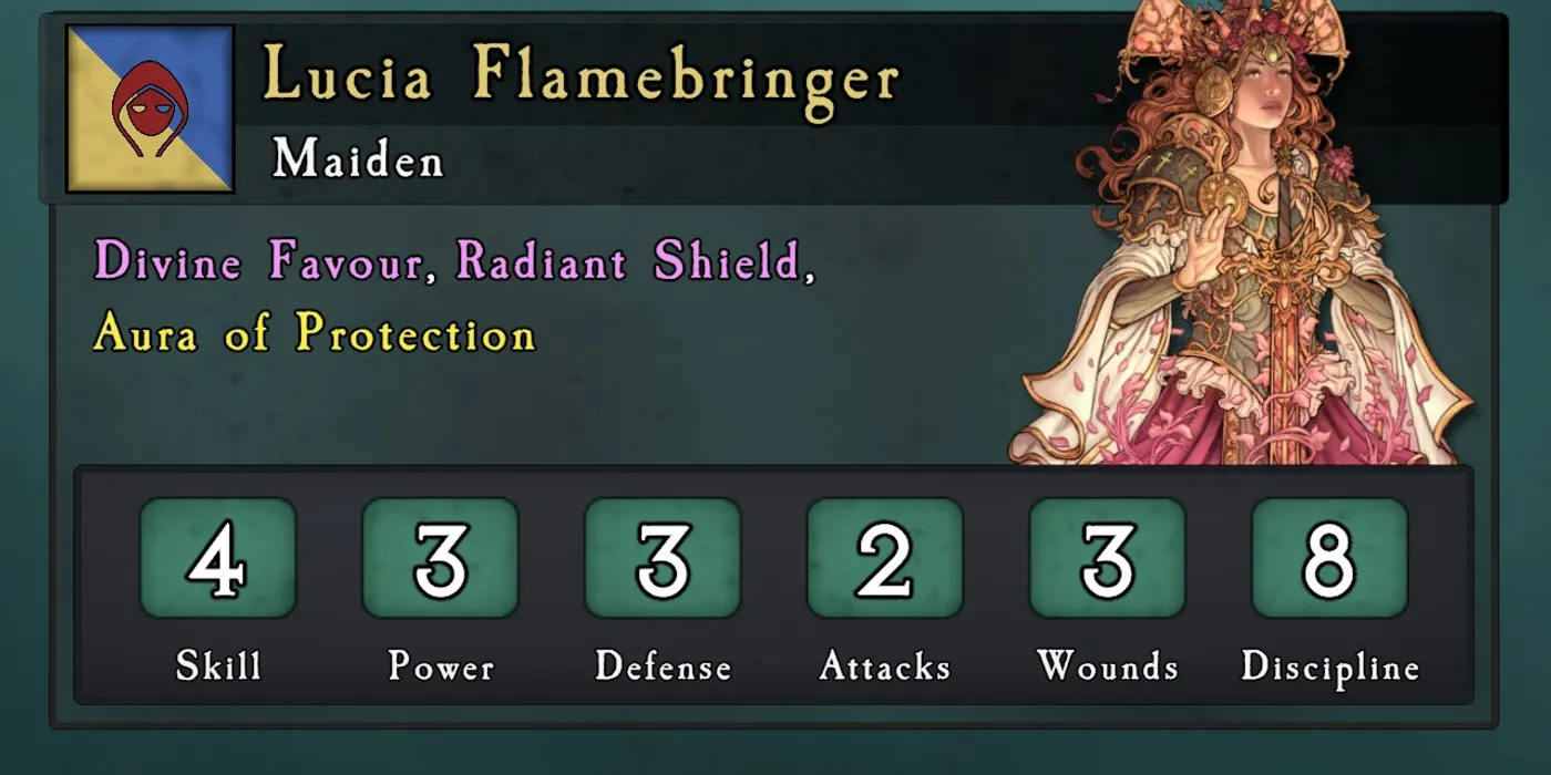 The in-game unit card for Lucia Flamebringer, a Maiden, showing Skill 4, Power 3, Defense 3, Attacks 2, Wounds 3 and Discipline 8, with her spells and abilities listed above.